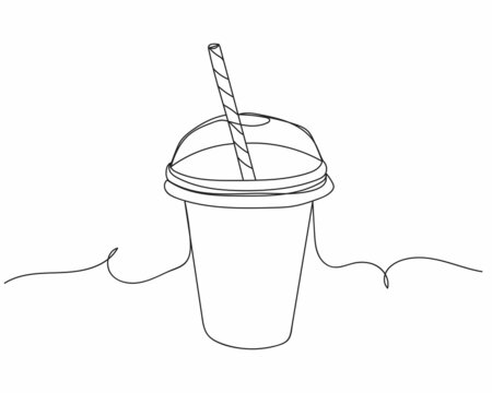 Continuous one line drawing of milkshake in takeaway cup in silhouette on a white background. Linear stylized.Minimalist.