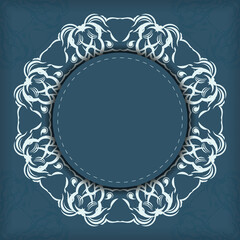 Square postcard in blue color with a luxurious light ornament. Invitation card design with vintage patterns.