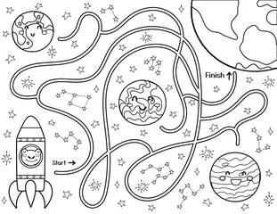 Obraz premium Help cute frog in a rocket find a way to the planet Earth. Black and white space maze for kids. Activity page with funny space character. Mini game and coloring page. Vector illustration