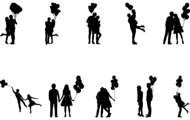 Couples with Balloons Silhouette Vector