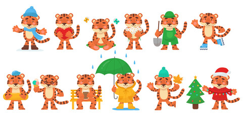 2022 new year symbol character. Set of 12 cute cartoon vector tigers in different seasons: winter, spring, summer, autumn, fall. Jungle animal for kids design.