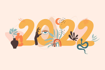 New year 2022 greeting card in pastel colors. Boho drawing abstract with evil eye, leaf, rainbow, hand magic, moon, snake, pottery. Template for New 2022 Year, gift tag, calendar, Stickers, Invitation