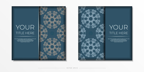 Fototapeta na wymiar Blue square postcards with luxurious light patterns. Invitation card design with vintage ornament.