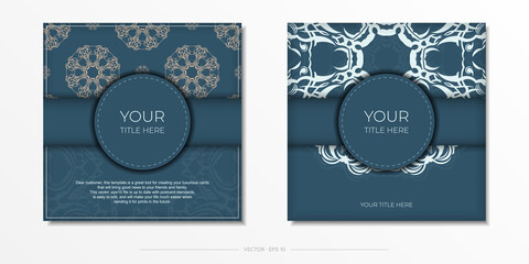 Blue square postcards with luxurious light patterns. Invitation card design with vintage ornament.
