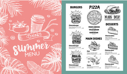 Summer menu. Restaurant food menu design, hand drawn illustrations. Vector.