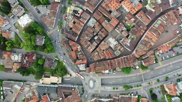 Aerial drone footage of Chur old town in Canton Graubunden in the alps in Switzerland