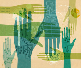 Reaching out hands overlapping with circuit boards