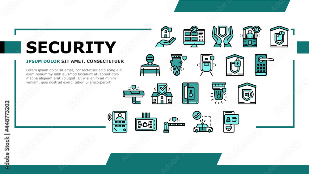 Poster home security device landing web page header banner template vector. motion sensor and cctv camera, 