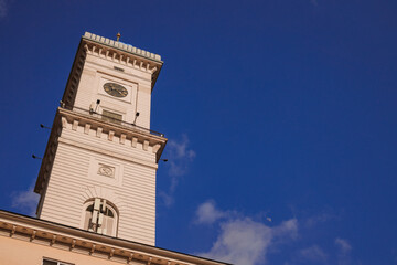 town hall tower clock building architecture object on blue sky background space
