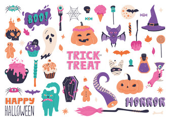 Big Halloween set, hand drawn scary elements. Spooky collection with ghosts, mummy, cauldron and trick or treat calligraphy. Horror holiday symbols. Vector illustration isolated on white background