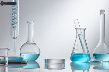 Laboratory glass equipment with blue water ingredients on white background. Stage showcase...