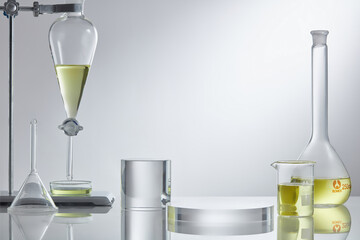 
Stage showcase cosmetics on glass pedestal modern in laboratory equipment. Minimal concept. Mockup