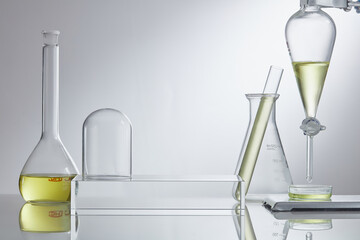 Researchers are using glassware in laboratories, research on cosmetics and energy on white...