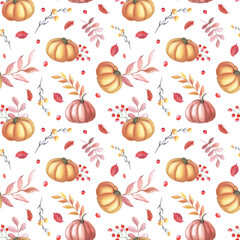Watercolor red pumpkin and autumn brown leaves on white background. Garden seamless pattern.