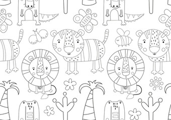 Coloring pages of jungle animals seamless pattern. Safari animals lion, tiger, alligator. Vector illustration. Painting for kids.