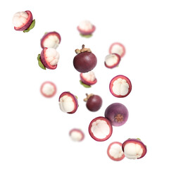 Delicious exotic mangosteen fruits flying on white background