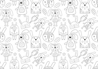 Coloring pages cute bunny seamless pattern. Woodland animals rabbit, hare. Vector illustration. Worksheets for kids.