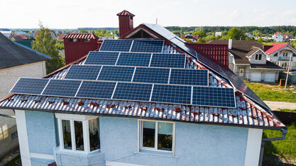 Solar panels placed on the roof of a residential, country house