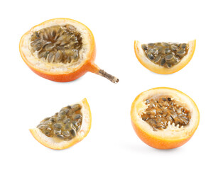 Set with delicious granadillas on white background