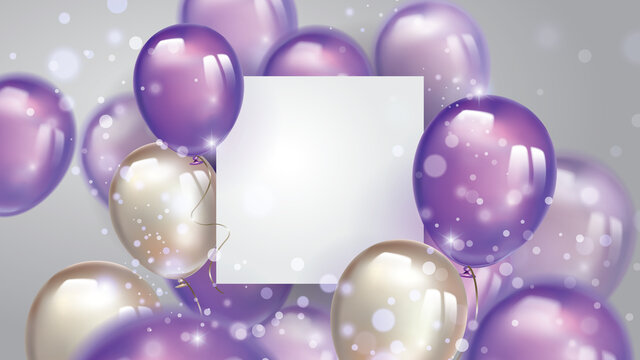 Flying pearl and ultraviolet balloons, with free space on the paper banner and blurred lighting glitters. Birthday background with purple balloons.