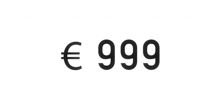 Exponential growth concept. Sliding digits of euro amount growing faster and faster. Black digits on white background.