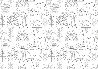 Coloring pages worksheets for kindergarten seamless pattern. Forest animals fox and bird. Vector illustration. Painting for kids.