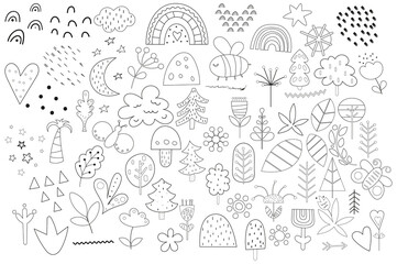 Forest woodland floral clipart isolated set. Scandinavian elements for kids design, nursery wall art. Vector illustration on white background. Black and white collection. Coloring page.