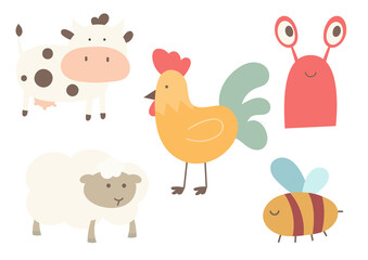 Obraz na płótnie Canvas Cute animals clipart isolated set. Boho nursery prints – cow, sheep, bee, chicken, lobster. Kids vector illustration.