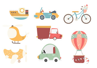 Retro Kids transport set on white background. Hand drawn. Doodle cartoon cars for nursery posters, cards, t-shirts. Vector illustration. Cars, bicycle, balloon, plane, helicopter, ship.