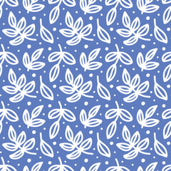 White tree branches on blue background. Abstract contour Plant, Twigs with Leaves. Floral seamless pattern, vector texture for fashion textile print, fabric, wrapping, gift paper, package, invitation