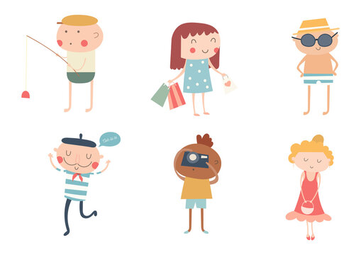 French cartoon characters people boys and girls doodle style. Kids vector illustration.