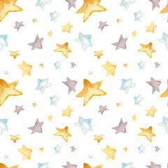 Watercolor seamless pattern on a white background with multicolored stars. Starry watercolor design for background, print