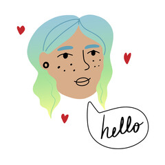 Young teenage girl with stylish blue gradient hair color and message cloud with text Hello isolated vector illustration