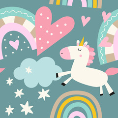 Seamless pattern baby fabric print. Vector patterns design kids illustration. Magic character unicorn and rainbow.