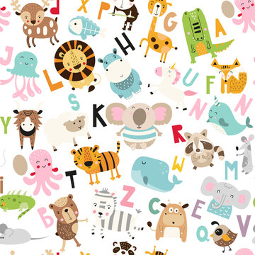 Animal alphabet seamless pattern kids print. Wallpaper design for baby nursery. Repeat fabric vector illustration.