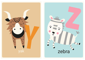 Alphabet cards for kids. Educational preschool learning ABC with animals yak, zebra and letters Y, Z. Vector illustration.