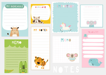 Set of kids weekly or daily planner, note paper, to do list, stickers templates with cute animals. Vector illustration.