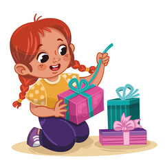 Illustration of cute little girl opening gift packages. Vector illustration.