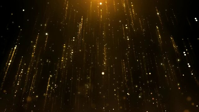 Ascending golden particles, Seamless loop motion graphic background, Golden glitters and beams, Luxury space.