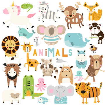 Safari woodland animals clipart isolated set. Jungle animals and sea creatures nursery prints. Kids vector illustration.