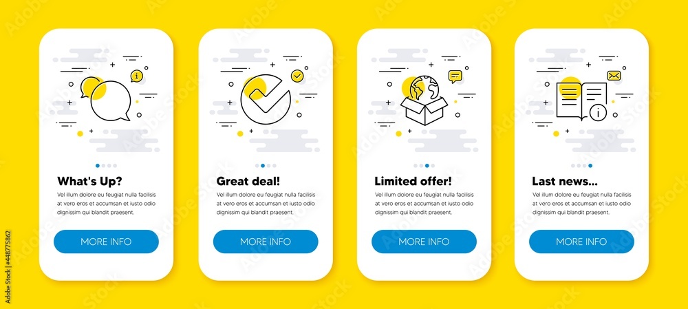 Poster vector set of delivery service, messenger and verify line icons set. ui phone app screens with line 