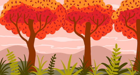 Vector cartoon autumn landscape. Orange trees and grass on meadow