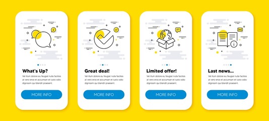 Vector set of Delivery service, Messenger and Verify line icons set. UI phone app screens with line icons. Technical info icon. International parcel, Speech bubble, Selected choice. Vector