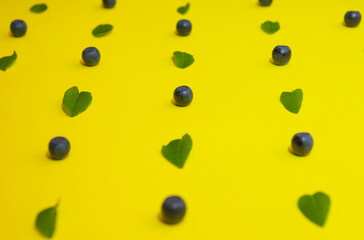 Blueberries with leaves laid out as a pattern on a bright yellow background in flat lay style, side view