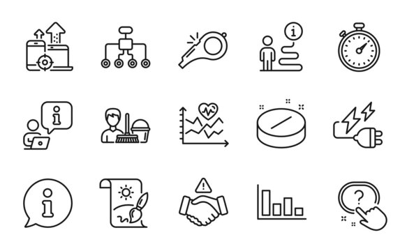 Line icons set. Included icon as Question button, Electricity plug, Cleaning service signs. Restructuring, Medical tablet, Whistle symbols. Dont handshake, Timer, Cardio training. Vector