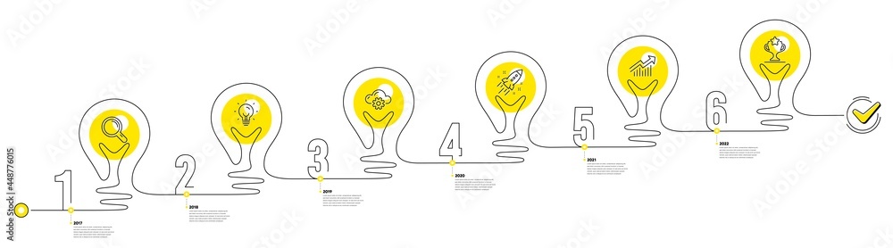 Poster business infographic timeline with 6 steps. lightbulb journey path infographics. workflow process di