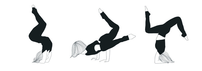 Set of woman doing yoga. Collection of female cartoon characters practice various yoga asanas isolated on white background. Meditative mental health.  Peaceful and positive lifestyle. Hand drawn art. 