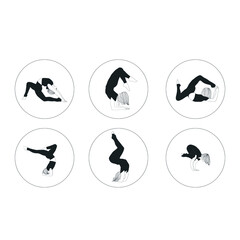 Set of woman doing yoga. Collection of female cartoon characters practice various yoga asanas isolated on white background. Meditative mental health.  Peaceful and positive lifestyle. Hand drawn art. 