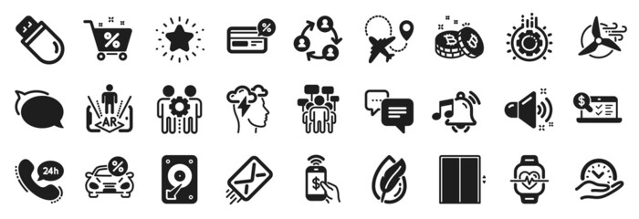 Set of Technology icons, such as Augmented reality, Cashback, Bitcoin icons. E-mail, Talk bubble, Safe time signs. Mindfulness stress, Lift, Phone payment. Dots message, Loud sound, Hdd. Vector