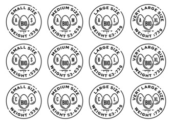 Set of conceptual product stamps. Egg marking. Categories of eggs by variety, by weight. Packing symbols. Vector elements.